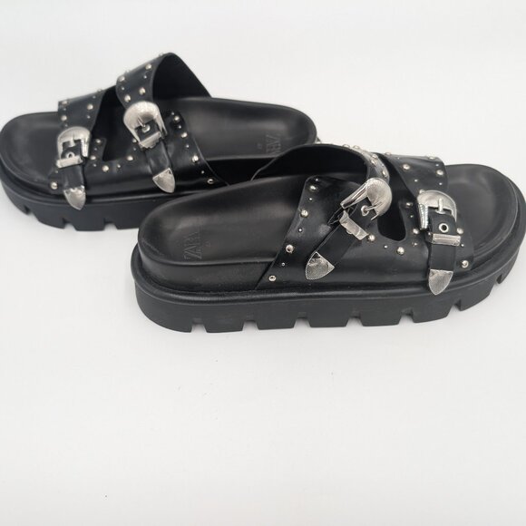 Zara Black Studded Leather Slide Sandals with Silver Buckles 40 - Picture 1 of 3